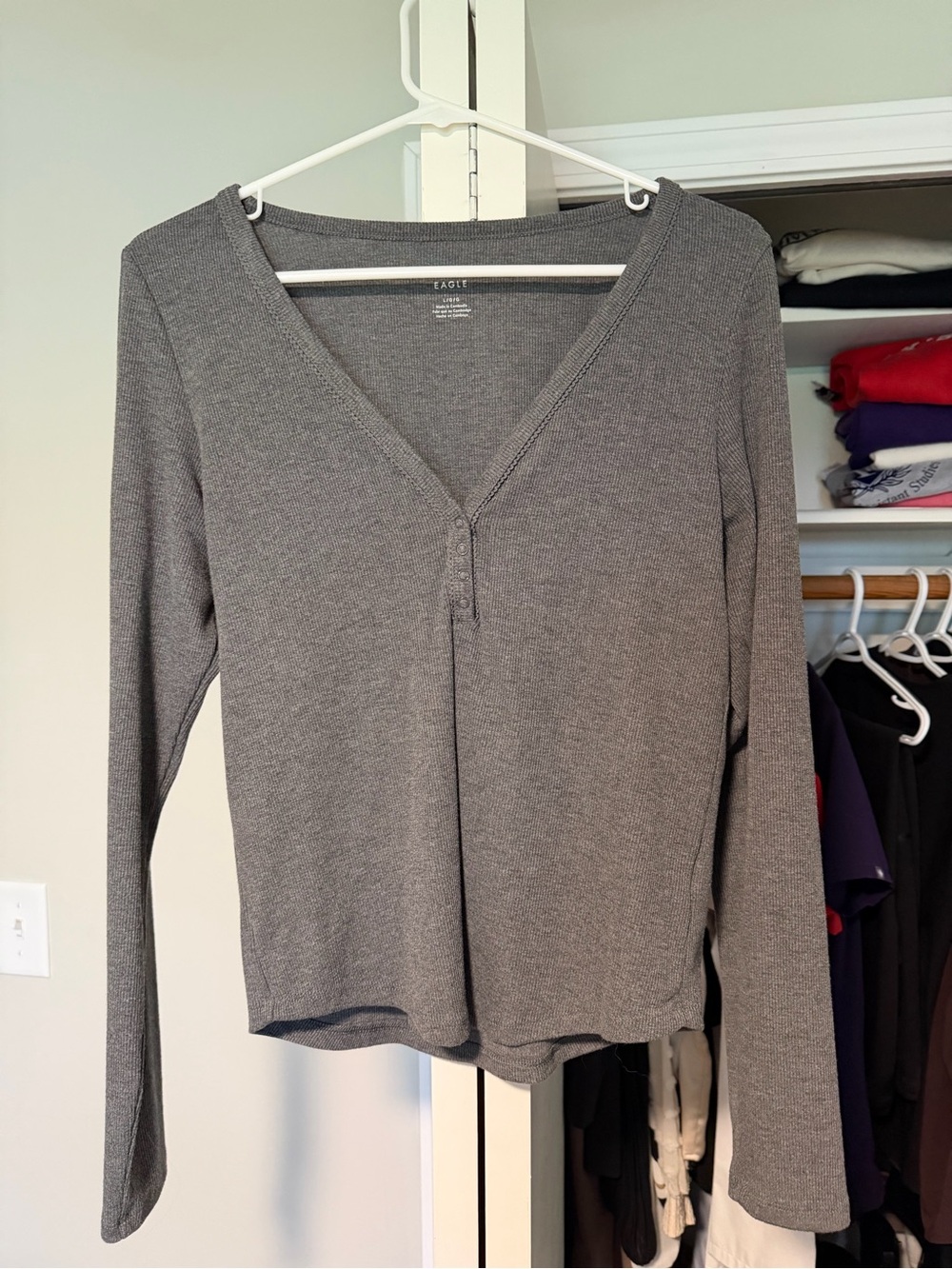 American Eagle Outfitters Gray V-Neck Long Sleeve Top